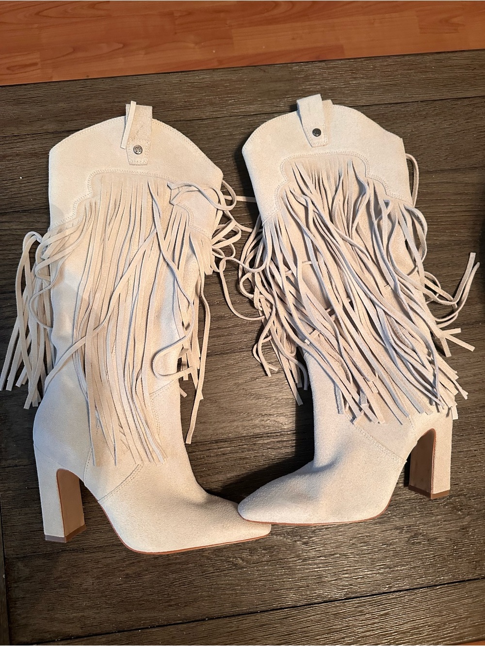 Vince Camuto Cream Suede Fringe Heeled Boots